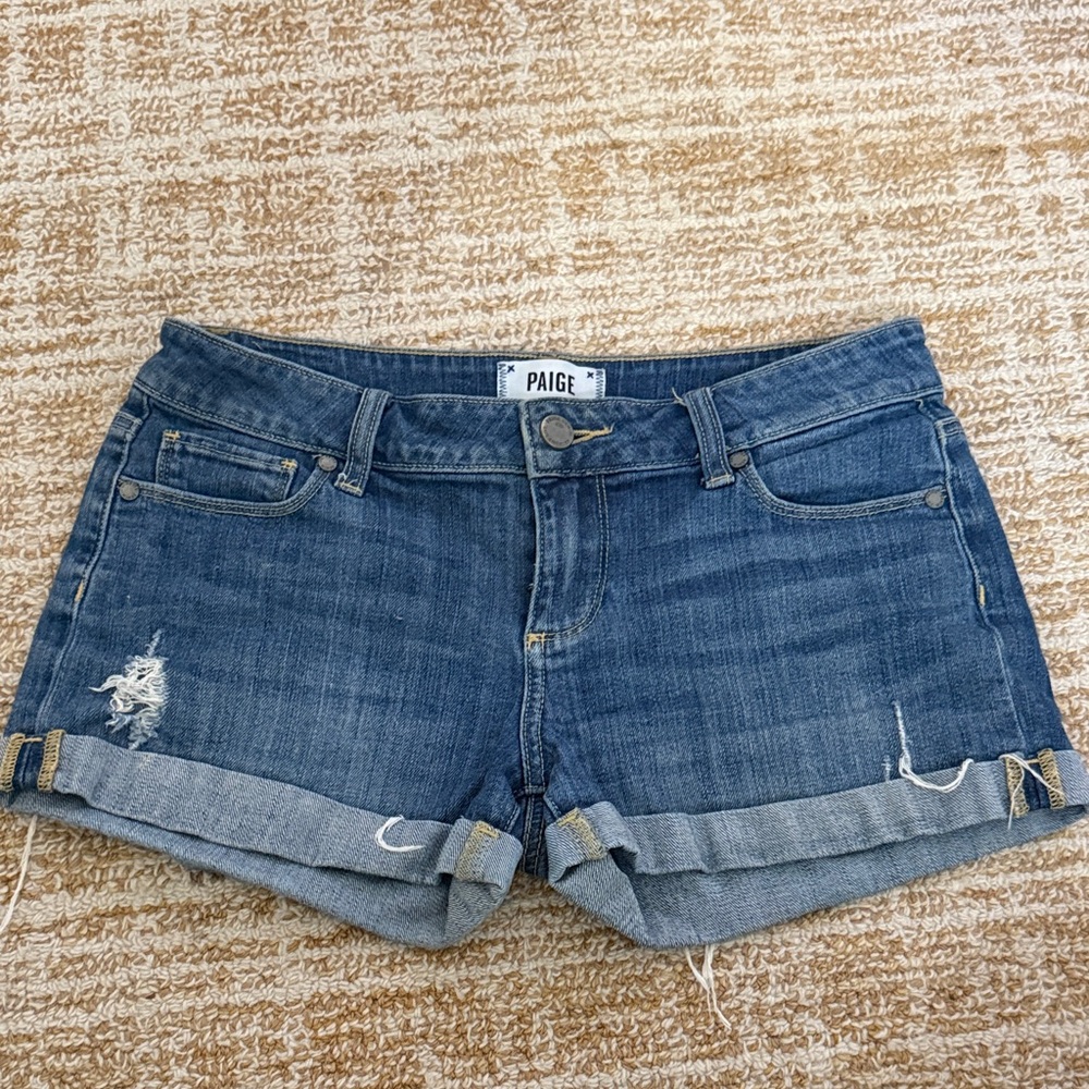 PAIGE Distressed Blue Jean Shorts